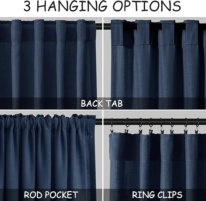 Denim Blue Linen Curtains 102 Inches Long Rod Pocket Back Tab Drapes 2 Panels Set for Living Room Sheer Light Filtering Semi Sheer Denim Blue Curtain 102 Length for Patio Sliding Glass Door 52x102