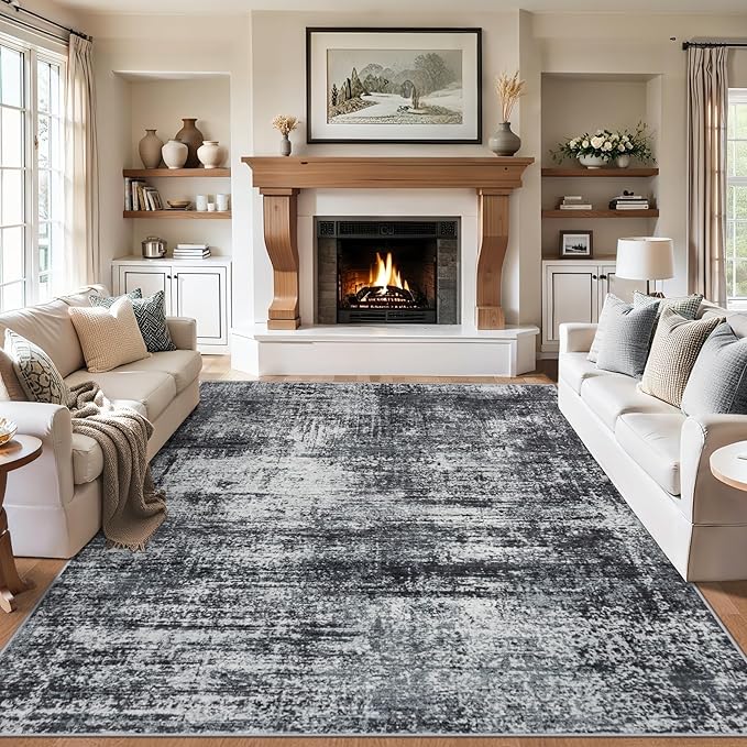 Area Rugs 10x12 Living Room - Washable Rug Modern Abstract Soft Large Neutral Non-Slip Carpet Indoor Floor Thin Carpets for Bedroom Dining Room Farmhouse Nursery Home Office Dark Black