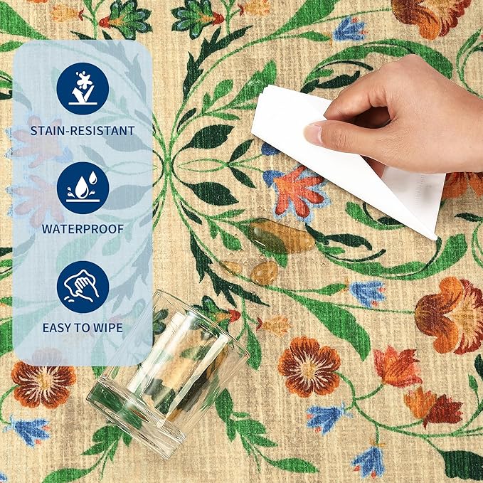 GarveeHome Washable Rug 8x10 Area Rugs for Living Room, Floral Rug for Bedroom, Soft Vintage Non Slip Throw Rugs with Rubber Back, Low Pile Stain Resistant Boho Floral Carpet for Dining Room, Beige