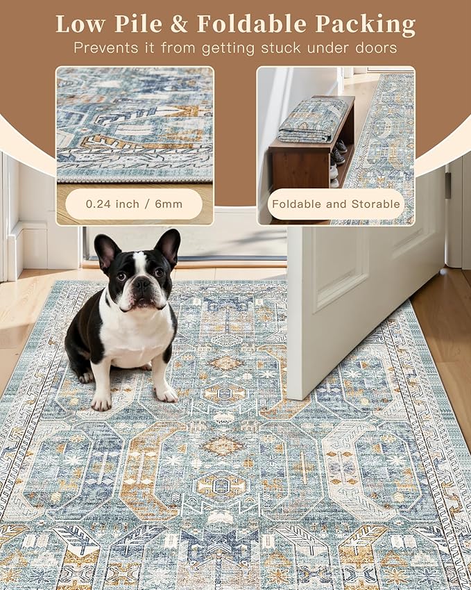 Madane Runner Rug 2x8, Washable Hallway Runner Rugs, Non-Slip Low-Pile Soft Kitchen Rug Runner Laundry Room Rug, Vintage Throw Entry Foyer Mat for Entrance Living Room (Blue/Gold, 2 x 8)