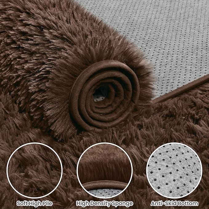 2x6 Bedside Area Rugs for Bedroom: Soft Fluffy Shag Brown Rug for Hallway, Non-Slip Fuzzy Plush Living Room Rug Indoor Floor Carpet for Kids Rooms, Dorm, Nursery, Modern Home Aesthetic Decor