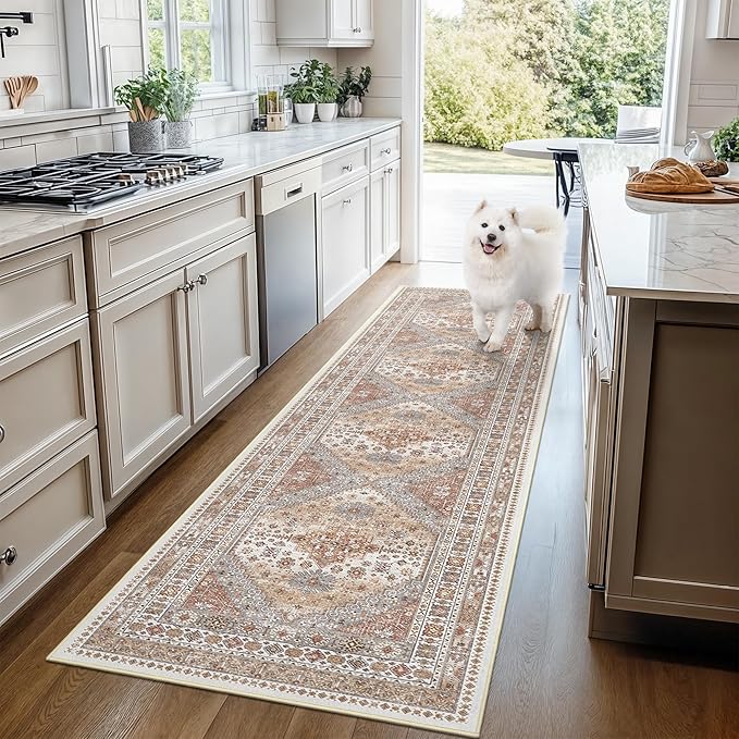 3x20 Long Runner Rug for Hallway, Non-Slip Long Kitchen Mats for Floor, Vintage Washable Rug for Entryway, Soft Hallway Runner for Dining Room, Bedroom, Living Room(Orange,3'x20')