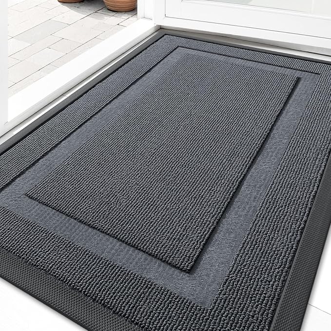 OLANLY Front Door Mat Indoor Outdoor Entrance, Waterproof All-Season, All-Weather Doormat, Sturdy Natural Rubber, Low Profile, Easy Clean Patio Porch Entryway Mat, 29.5x17, Charcoal Gray