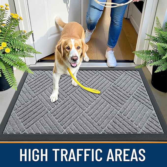 OLANLY Front Door Mat Outside Entrance 29.5x17, Absorbent, Heavy Duty Sturdy Natural Rubber Doormat Indoor Outdoor, Stain Fade Resistant, Non-Slip Low Profile Floor Mat Entryway, Charcoal Gray Diamond