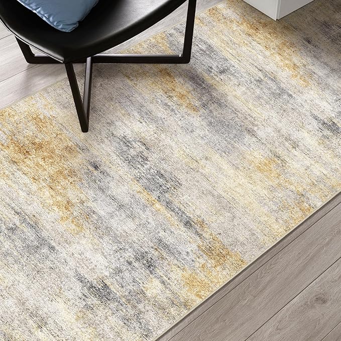 2'6''x14' Washable Kitchen Runner Rug: Modern Abstract Runners for Hallway Soft Non Slip Rugs with Rubber Backing Low Pile Thin Floor Carpet for Entryway Bedroom Bathroom Indoor(Grey/Yellow,2'6''x14')