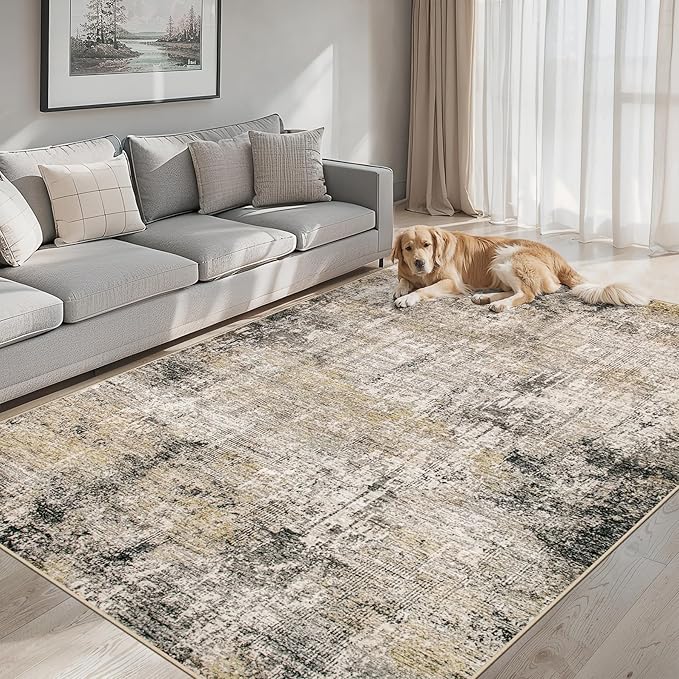 Area Rugs 9x12 Living Room - Washable Rug Modern Abstract Soft Large Neutral Non-Slip Carpet Indoor Floor Thin Carpets for Bedroom Dining Room Farmhouse Nursery Home Office Brown Black Grey