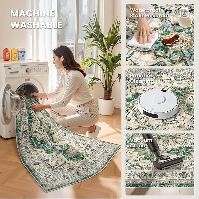 zesthome WashableRug 5x7 Area Rugs,Stain Resistant Rugs for Living Room,Bedroom,Non-Slip Backing Home Decor Rug, Vintage Medallion Pattern Rugs (Green,5'x7')