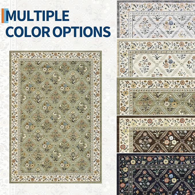Washable Kitchen Rugs Non Slip 2x6 Hallway Runner Rug Stain Resistant Low Pile Floral Floor Rug with Rubber Backing Non Shedding Runners for Indoor Entryway Bedside Bedroom Farmhouse RV Green