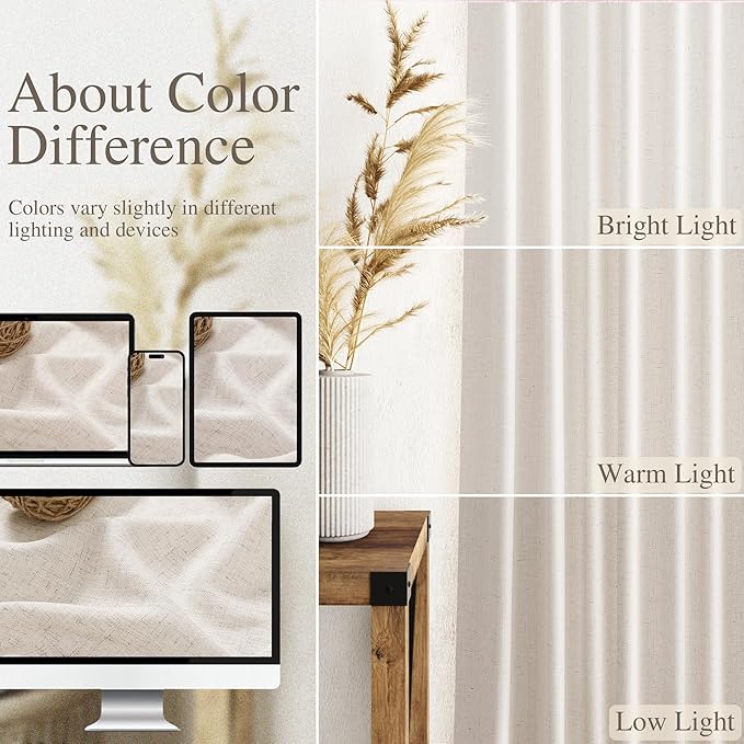 Extra Long Tan Beige Curtains 132 inch Length 2 Panels Set Back Tab Neutral Farmhouse Drapes Light Filtering Semi Sheer Linen Curtain 132 inches Long for Floor to Ceiling Window Patio Sliding Door
