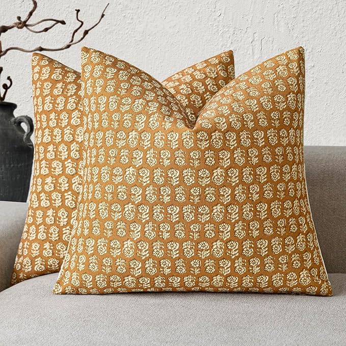Foindtower Set of 2 Decorative Vintage Floral Print Throw Pillow Cover Neutral Modern Farmhouse Cushion Covers Boho Home Decor For Sofa Couch Chair Bedroom Living Room Outdoor,18×18 Inch,Golden Orange