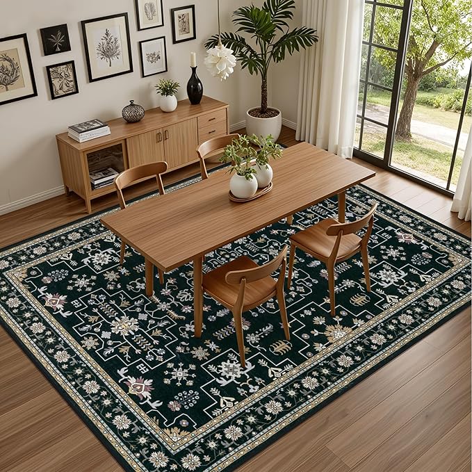 Area Rugs 10x14 Living Room Rug: Washable Rug Soft Vintage Boho Medallion Carpet Indoor Floor Non-Slip Stain Resistant Large Carpets for Bedroom Dining Room Farmhouse Nursery Home Office Black