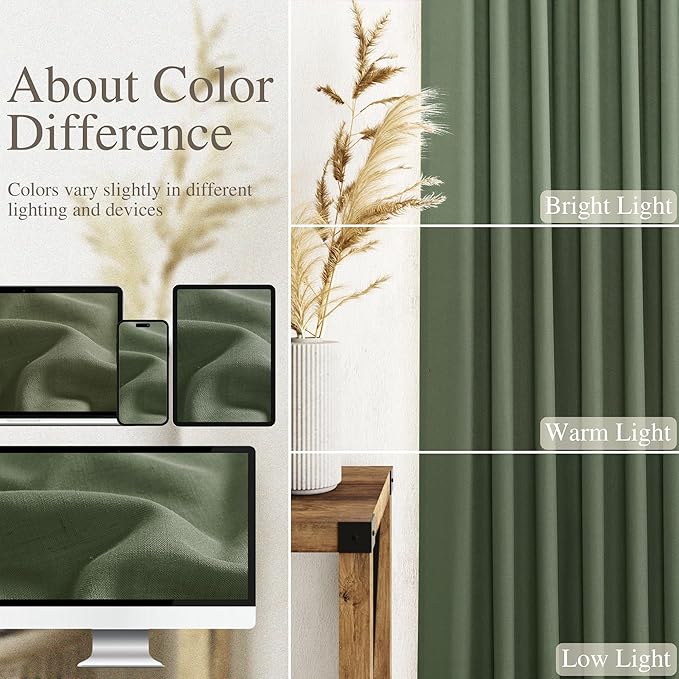 Nanspring Olive Green Linen Curtains for Living Room 2 Panels Set 132 Inch Length Back Tab Light Filtering Semi Sheer Curtain Drapes for Bedroom 52x132