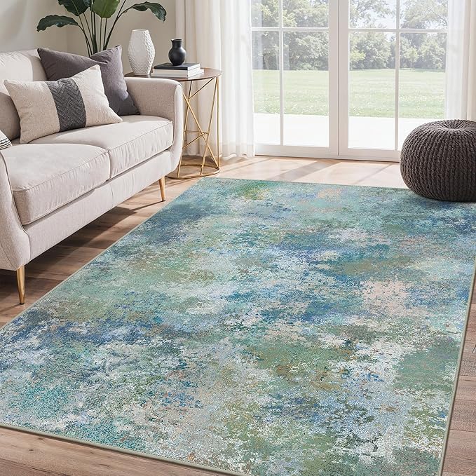 Area Rugs 6x9 for Living Room Bedroom, Modern Abstract Machine Washable Rug, Large Soft Low Pile Floor Carpet with Non Slip Backing for Dining Room, Blue Green