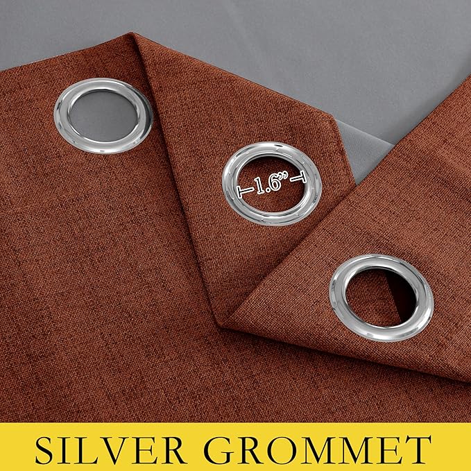 NICETOWN 100% Absolutely Blackout Linen Curtains with Thermal Insulated Liner, 52" Wide, 2 Panels, 102" Long Drapes, Grommet Retro Burnt Orange Linen Curtains Vertical Drapes Privacy for Bedroom