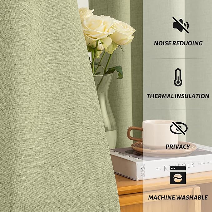 Yakamok Linen Sage Curtains 100% Blackout 84 Inches Long,Room Darkening Textured Drapes for Living Room Thermal Grommet Bedroom Curtains 2 Panels with Greyish White Liner