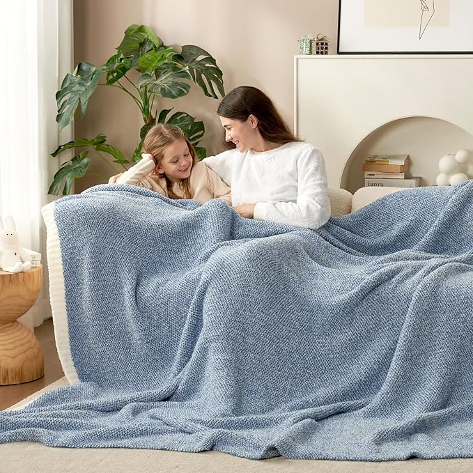 Snuggle Sac Blue Throw Blankets for Couch, Reversible Super Soft Warm Blankets Cozy Knit Blanket Fuzzy Plush Throws for Sofa, Bed, Gift, Heather Blue, 50 x 60 inches (Pack of 2)