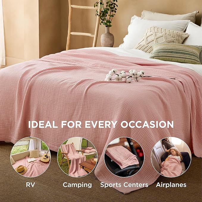 Bedsure 100% Cotton Muslin Blanket King Size for Bed - 4-Layer Breathable and Lightweight Thin Soft Summer Gauze Muslin Blanket for Adults, Pink, 108x90 Inches