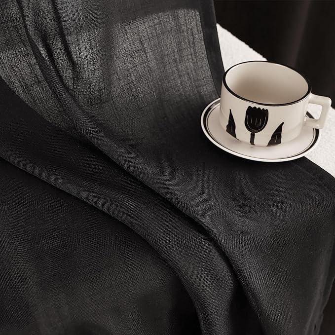 Black Linen Curtains 144 inches Long for Bedroom Back Tab Light Filtering Privacy Semi Sheer Black Curtains Living Room Boho Rustic Farmhouse Cotton Textured Gauze Curtain 2 Panel Set