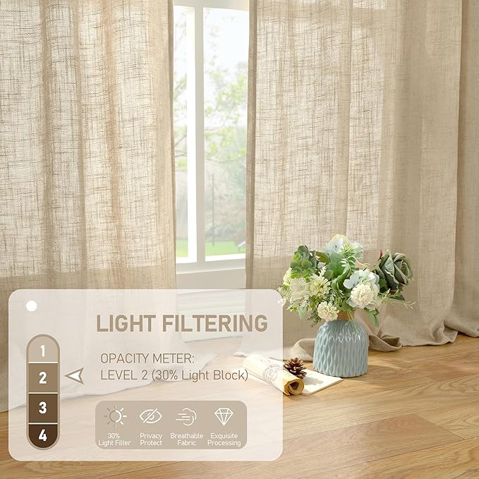 LAMIT Brown Linen Window Curtains 30 Inches Long 2 Panels, Semi Sheer Light Filtering Panels Back Tab and Rod Pocket Neutral Drapes for Basement/Small Windows, 34 x 30 Inch