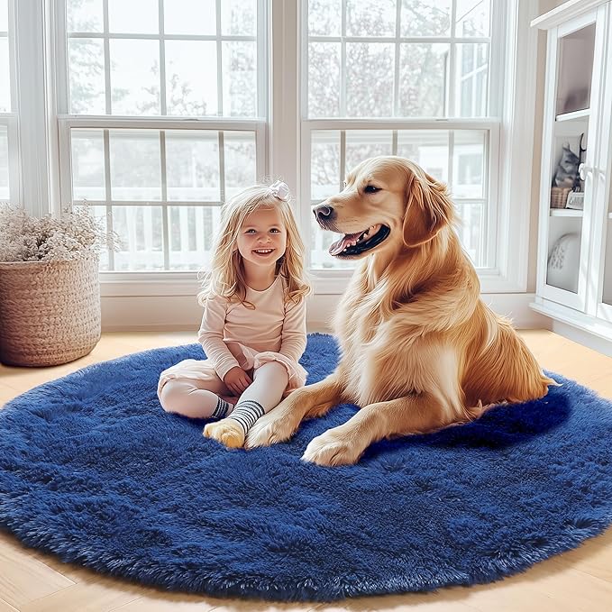 ONASAR Navy Blue Round Area Rugs 5ft, Soft Bedroom Circle Rug Floor Mat for Kids Girls Boys Teen Room, Fluffy Plush Shaggy Carpet for Baby Nursery Living Room Playroom Dorm Home Decor