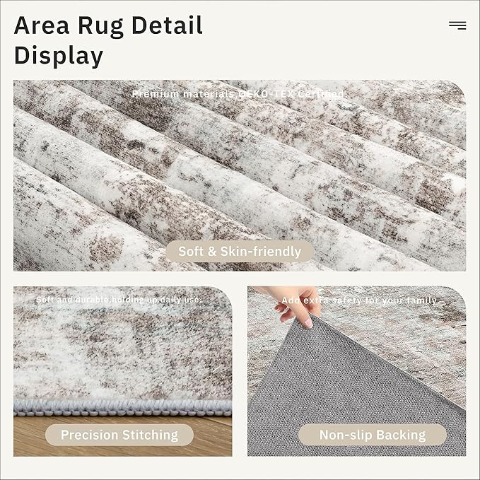 6x9 Abstract Area Rugs for Living Room 6 x 9 Washable Grey Pink Non Slip Low Pile Rugs for Bedroom Dining Room Foldable Thin