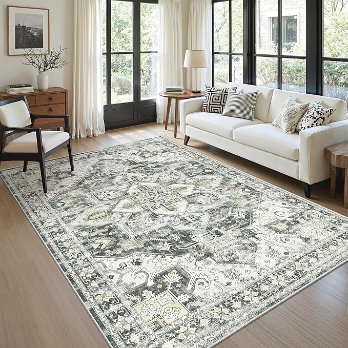 zesthome 5x7 Washable Rug-Stain Resistant Area Rugs for Living Room, Ultra-Thin Vintage Rugs, Non-Slip Backing Rug, Low Pile Large Area Rug, Boho Home Decor