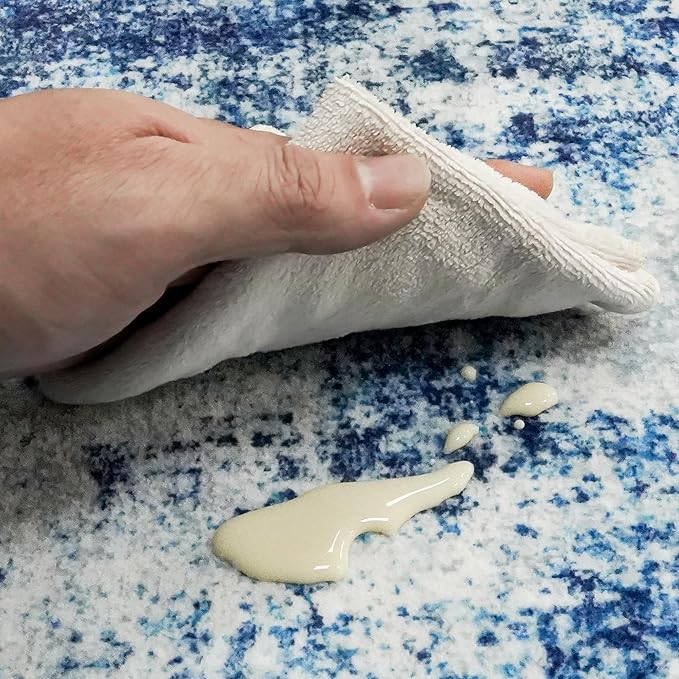 3x12 Washable Hallway Runner Rug: Non Slip Carpet Runners Easy-to-Clean - Soft Living Room Bedroom Kitchen Rugs - Thin Low Pile Printed Floor Mat for Dining Room Neutral Blue