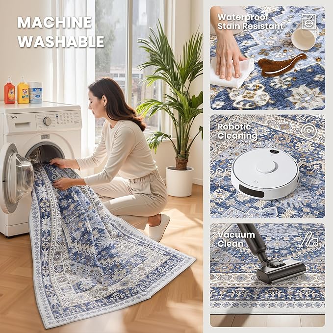 zesthome 7x9 Area Rug, Super Soft Washable Rugs for Living Room, Non-Slip Stain Resistant Vintage Rugs, Ultra-Thin Large Area Rugs (Blue/Beige,7'x9')