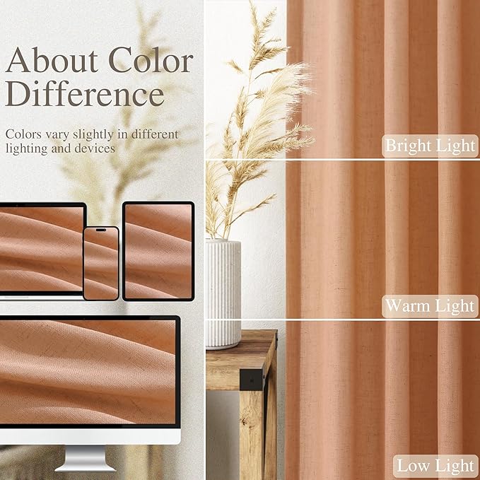 Peach Quartz Linen Curtains 102 Inch Length 2 Panels Back Tab Rod Pocket Semi Sheer Light Filtering Curtains Burlap High Window Living Room Neutral Farmhouse Decor for High Ceiling Spaces 52x102