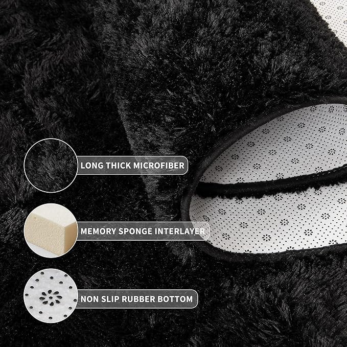 Tepook Super Soft Fluffy Rug for Bedroom, Modern Shaggy Fuzzy Kids Rugs for Living Room, Plush Indoor Nursery Home Decor Dorm Carpet with Non-Slip Bottom, Black, 3 X 5 Feet