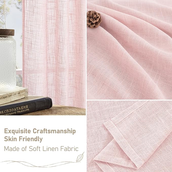 LAMIT 40 Inch Length Linen Curtains for Small Windows, Semi Sheer Light Filtering Panels Back Tab and Rod Pocket Neutral Drapes for Basement/Window/Kids Room, Pink, 2 Panels, 34 x 40 Inch
