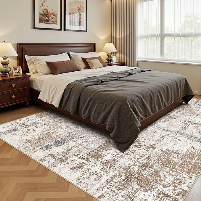 UERMEI Area Rug Living Room Rugs - Washable Neutral Modern Abstract Soft Thin Rug Indoor Floor No Slip Rug Carpet for Bedroom Under Dining Table Home Office Decor - Brown/Grey/Red - 8x10