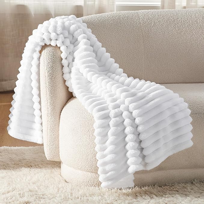 Bedsure GentleSoft White Fleece Blanket for Couch - Cozy Soft Blankets for Women, Cute Small Throws for Girls, Bright White, 50x70 Inches