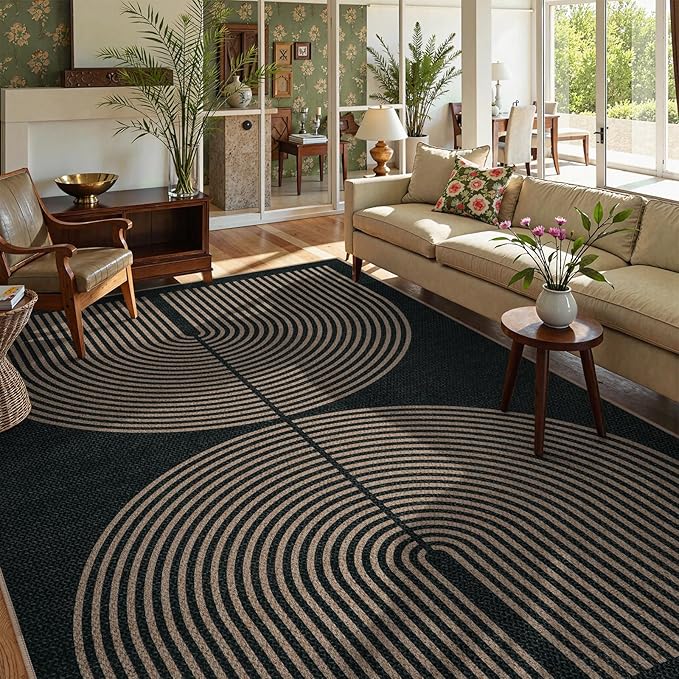 Lahome Enfys Rainbow Easy Jute Outdoor Carpet, Washable Rugs 9x12 for Living Room Patio Large Farmhouse Indoor Outdoor Carpet, Contemporary Black Dining Room Rugs for Under Table Office Backyard
