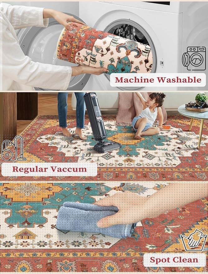 SERISSA Boho Washable Runner Rug, 2'6"x10' Long Non-Slip Vintage Orange Hallway Kitchen Stair Runner Rug Ultra Soft Print Distressed Floor Carpet for Bedroom Bathroom Laundry Room