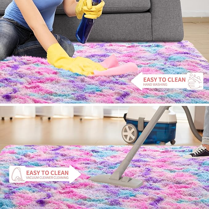 Tepook Soft Rainbow Rug for Girls Room, Cute Fluffy Girls Bedroom Rugs, 2x3 Feet Shaggy Princess Rug Colorful Carpet for Kids Teens Toddler Playroom Nursery Reading Nook, Hot Pink