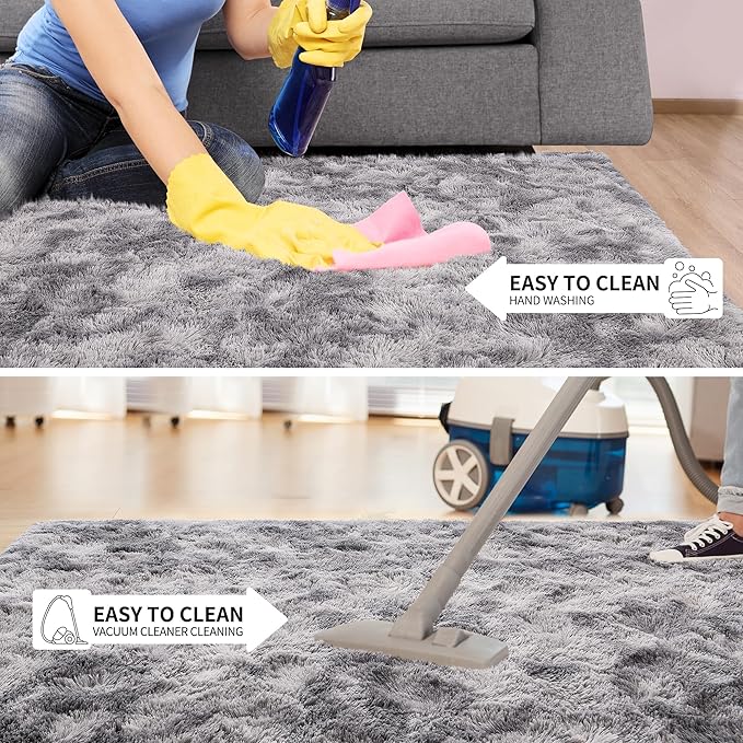 Tepook Soft Fluffy Rugs for Living Room, 5x8 Shaggy Area Rug for Bedroom, Modern Shag Rug Fuzzy Carpets for Kids, Plush Indoor Nursery Home Decor Rug with Non-Slip Bottom, Tie-dye Light Grey