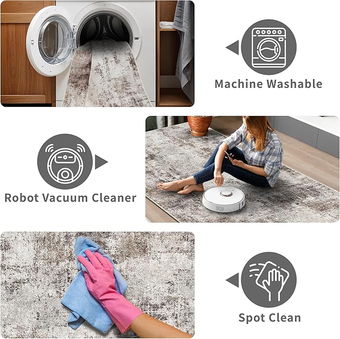 2x5 Washable Runner Rug for Hallway: Non Slip Entryway Runners Rugs Easy-to-Clean - Soft Living Room Bedroom Carpet - Thin Low Pile Floor Mat for Dining Room Beige Brown