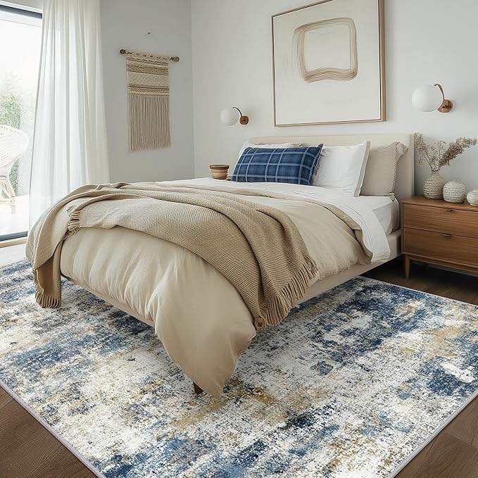 BEIMO Area Rugs 10x14 for Living Room Bedroom, Modern Abstract Machine Washable Rug, Large Soft Low Pile Floor Carpet with Non Slip Backing for Dining Room, Navy Blue Beige