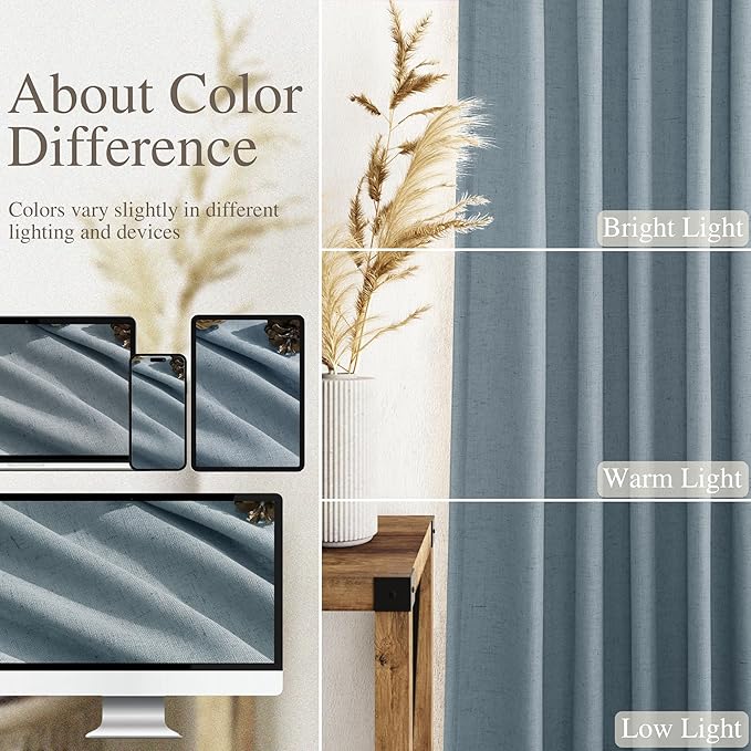 Nanspring Light Blue Linen Curtains 102 Inches Long Rod Pocket Back Tab Drapes 2 Panels Set for Living Room Bedroom Light Filtering Semi Sheer Light Blue Curtain 102 Length for Patio Door 52x102