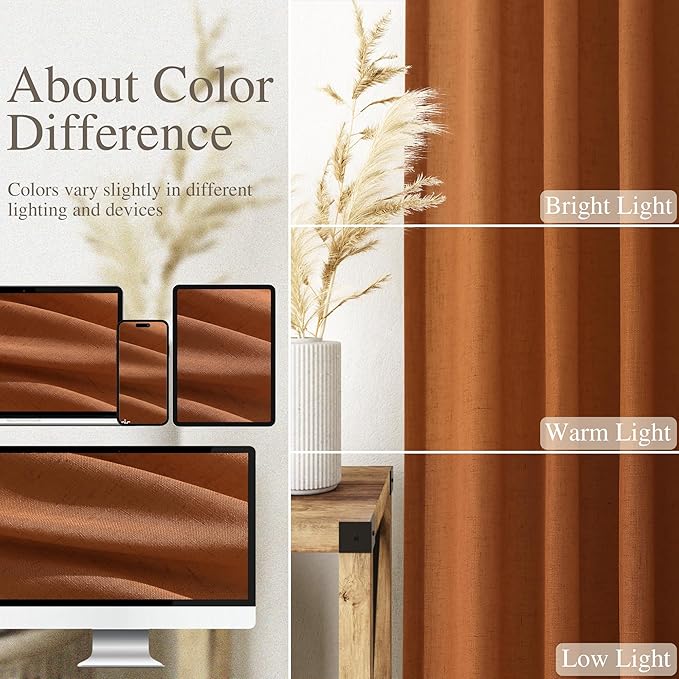Desert Orange Semi Sheer Curtains 120 Inches Set Back Tab Loop Pocket Linen Blend Boho Curtain Extra Long Light Filtering Drapes High Ceiling Curtain Living Room Dinner Room 52x120,2 Panels