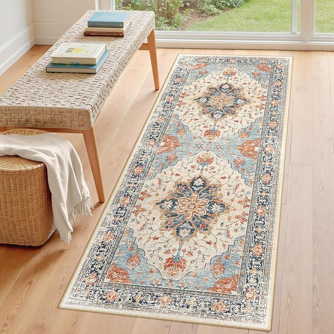 RELEANY Area Rugs 3'x6' Runner Rug Non Slip Washable for Kitchen Hallway Bedroom Beside Laundry Room Bathroom Rug, Floor Carpet, Beige Navy Blue Orange Colorful