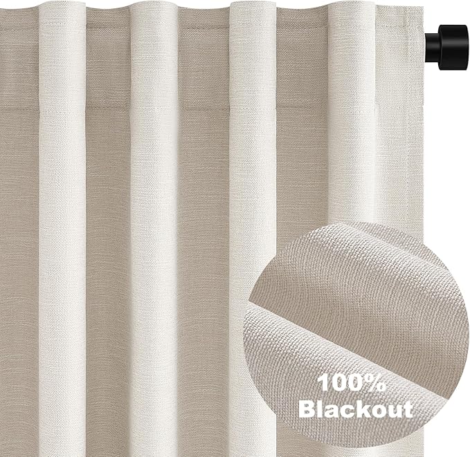 Extra Wide 70 Inch Length Blackout Curtains & Drapes 92 Inches Long 2 Panels Set for Sliding Glass Doors Modern Pleated Linen Blend Heavy Floor to Ceiling Large Window Drapes(70"Wx92"Lx 2 Birch)
