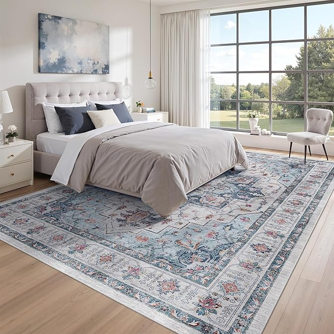 zesthome 8x10 Area Rugs,Stain Resistant Washable Rug,Ultra-Thin Rugs for Living Room,Bedroom,Non-Slip Backing Home Decor Large Area Rug (Blue,8'x10')