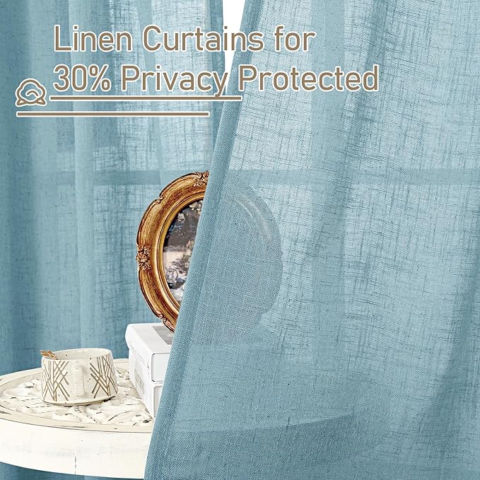 LAMIT Semi Sheer Window Linen Curtains 54 Inch, Light Filtering Panels Back Tab and Rod Pocket Country Decor Drapes for Bedroom/Farmhouse, Stone Blue, 2 Panels, 34 x 54 Inch