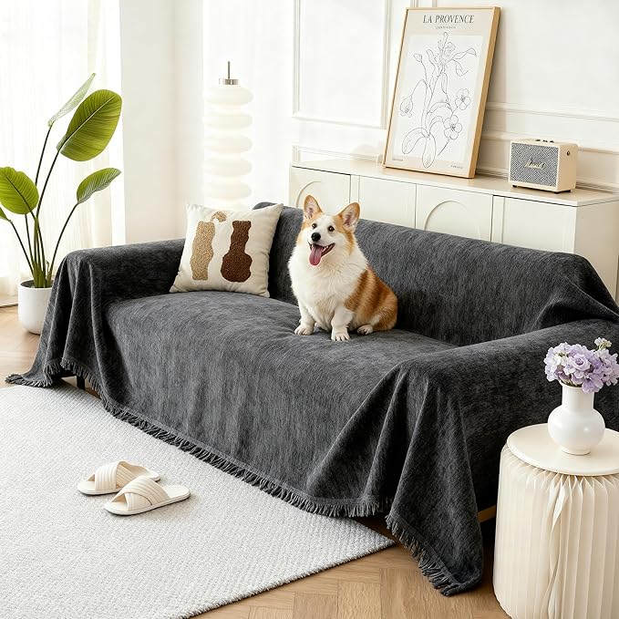 Couch Cover for Dogs, Boho Sofa Covers for 3 Cushion Couch, Chenille Sofa Slipcover for Pets Washable, L-Shape Sectional Couch Cover Soft Throw Blankets with Tassels(91x118,Charcoal Grey)