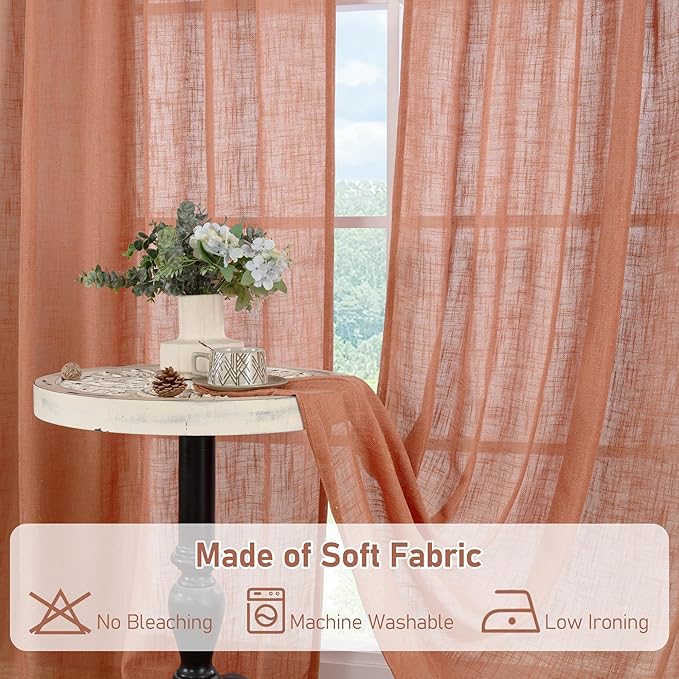 LAMIT Terracotta Linen Curtains for Living Room 108 inch Length 2 Panels, Light Filtering Semi Sheer Panels Back Tab and Rod Pocket Fall Panels for Bedroom/Sliding Glass Door, 52 x 108 Inch