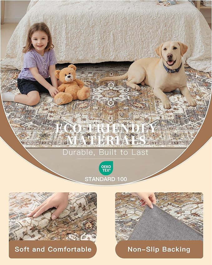 Madane Washable Runner Rug - 2x6 Rug Runners for Hallways 6 Feet Non Slip Vintage Kitchen Runner Rug Ultra-Thin Bathroom Runner Rugs Carpet Laundry Room Bedroom (2x6ft, Turmeric/Grey)