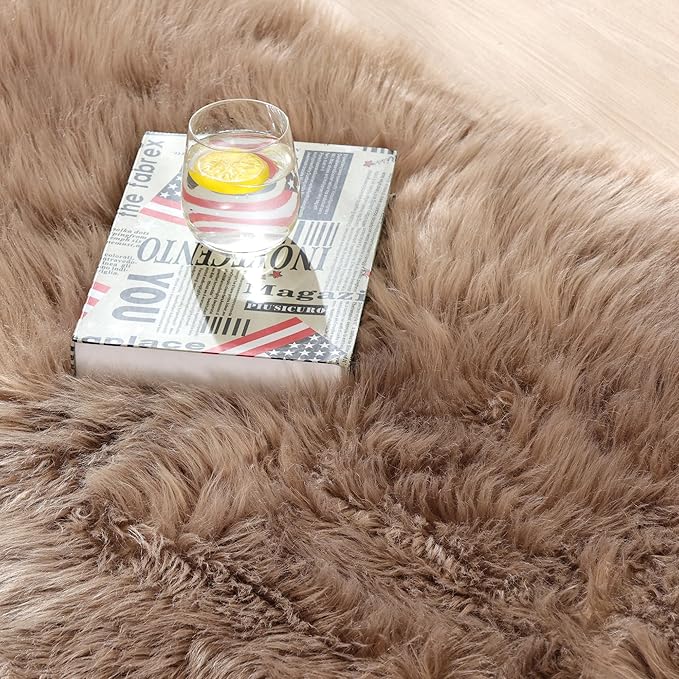 ORINOVA Beige Round Cozy 4ft Shag Rug Washable Furry Soft Area Rug for Living Room Bedroom Cute Nursery Decor Circle Carpet Faux Fur Fluffy Home Décor