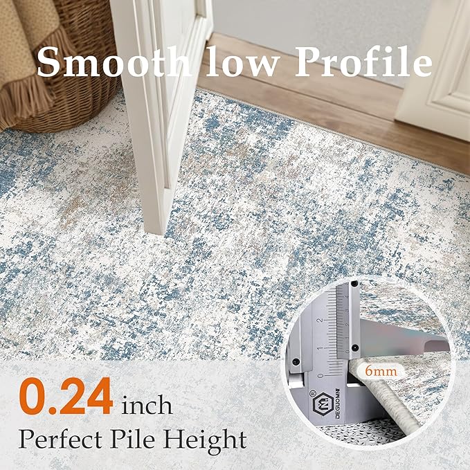 PureCozy Blue 8x10 Area Rug Washable Modern Abstract Living Room Carpet Non Slip Neutral Low Pile Soft Contemporary Aesthetic Bedroom Large Rug Indoor Office Dining Room Playroom